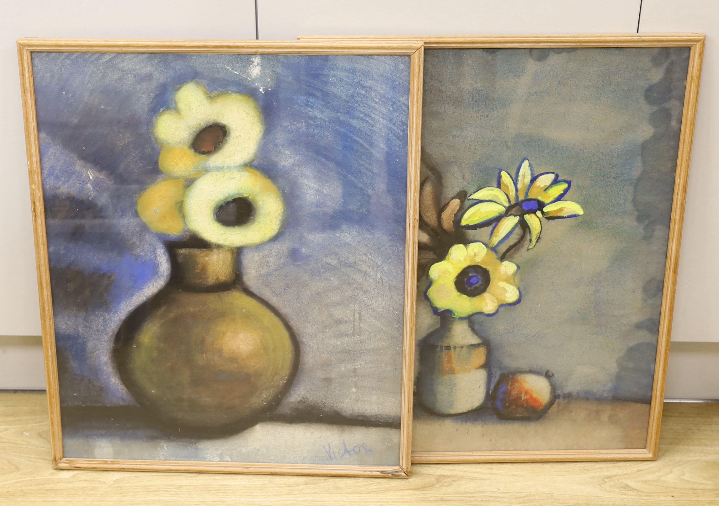 Victor Lukin (b.1945-), pair of pastel and mixed medias, Still lifes of flowers in vases, signed, each 62 x 50cm